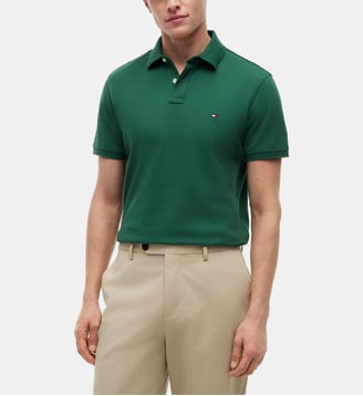 Polo droit en coton logo flag - Tommy Hilfiger - Vert forêt