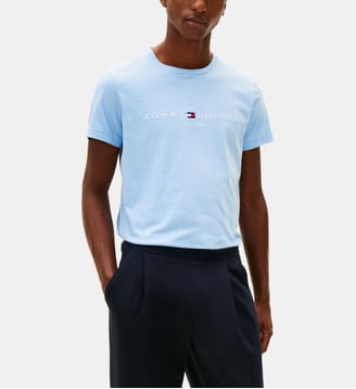 T-shirt droit signature coton organique - Tommy Hilfiger - Bleu pastel