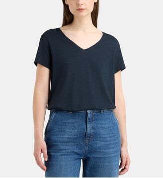 T-shirt Noris V droit en coton mélangé - Galeries Lafayette - Bleu marine
