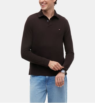 Polo droit piqué stretch manches longues - Tommy Hilfiger - Chocolat