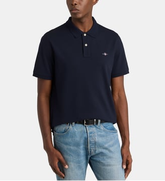 Polo droit signature en coton piqué stretch - Gant - Bleu soir