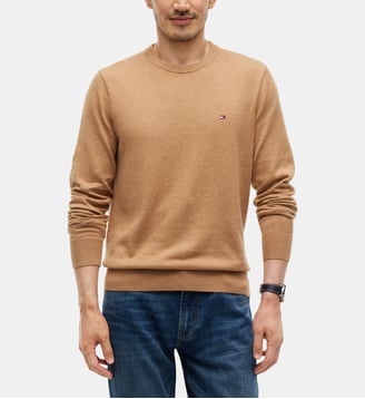 Pull droit logo coton biologique et cachemire - Tommy Hilfiger - Camel foncé