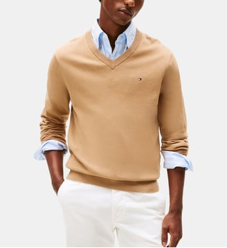 Pull droit logo coton pima et cachemire - Tommy Hilfiger - Camel