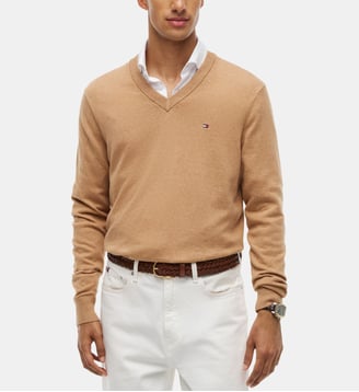 Pull droit logo coton pima et cachemire - Tommy Hilfiger - Camel foncé
