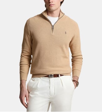 Pull droit col camionneur coton piqué - Polo Ralph Lauren - Camel chiné