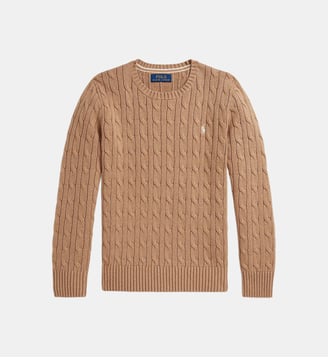 Pull droit maille torsadée en coton - Polo Ralph Lauren - Camel et ivoire