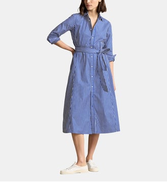 Robe chemise mi-longue droite en coton à rayures - Polo Ralph Lauren - Bleu et blanc