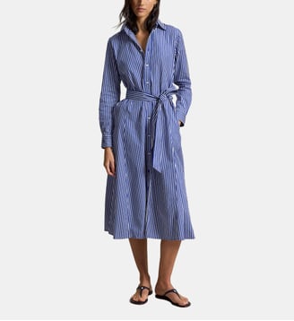 Robe chemise mi-longue droite en coton à rayures - Polo Ralph Lauren - Bleu et blanc