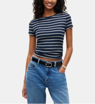 T-shirt slim coton stretch côtelé - Tommy Hilfiger - Bleu marine et blanc