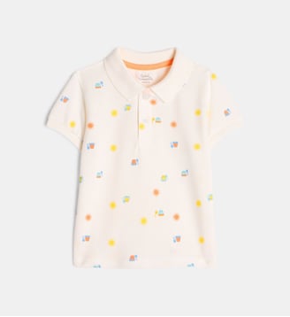 Polo droit Marty motifs en coton bio piqué - Cadet Rousselle - Écru et multicolore