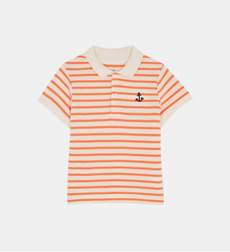 Polo droit Marty motifs en coton bio piqué - Cadet Rousselle - Écru et rouge