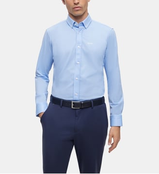 Chemise droite en jersey de coton mélangé structuré - BOSS - Bleu clair