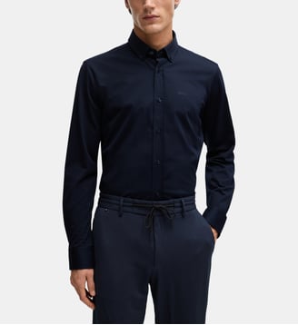 Chemise droite en jersey de coton mélangé structuré - BOSS - Bleu marine