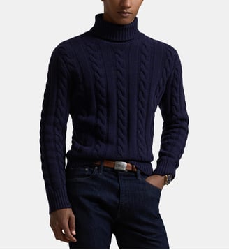 Pull torsadé en laine et cachemire col roulé - Polo Ralph Lauren - Bleu marine