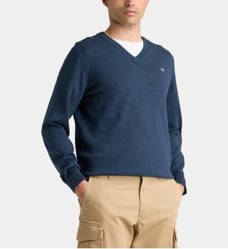 Pull ajusté col V signature en coton doux - Gant - Bleu chiné