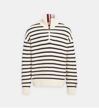 Pull droit coton à bandes contrastantes col camionneur - Tommy Hilfiger - Bleu et blanc