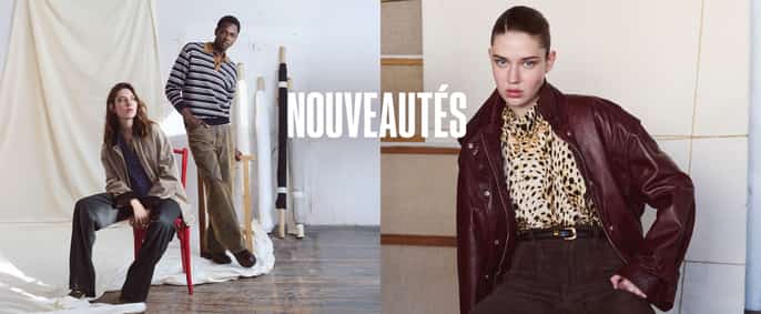 Une photo de mode de deux mannequins, une femme assise sur une chaise rouge et un homme debout derrière elle, posant dans un atelier avec des rouleaux de tissu. Le texte en gras "NOUVEAUTÉS" est superposé en haut au centre.
