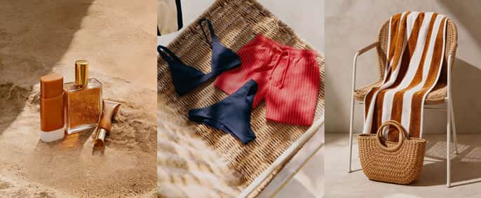 Triptyque estival présentant des produits solaires sur le sable, un maillot de bain deux-pièces bleu et un short rouge sur un transat, et une serviette rayée avec un panier en paille sur un fauteuil.