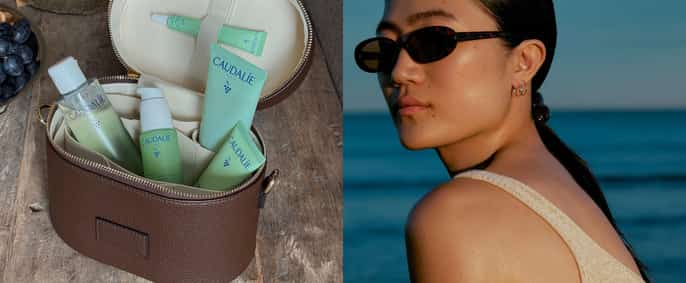 rousse de toilette Caudalie contenant des soins visage, accompagnée d'un portrait en bord de mer illustrant une routine beauté en vacances.