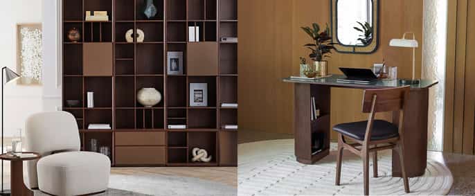 Bureau moderne en bois foncé avec chaise assortie, grande bibliothèque murale et fauteuil beige dans un intérieur élégant.