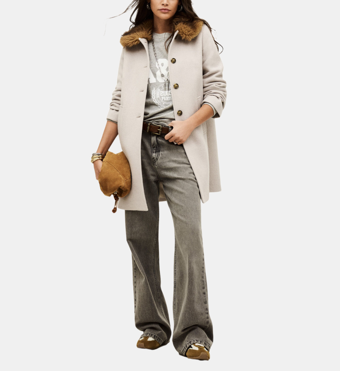 Manteau Court En Laine BA&SH - Taille 2 - Gris - Neuf Avec Étiquettes - Style Décontracté Ceinturé
