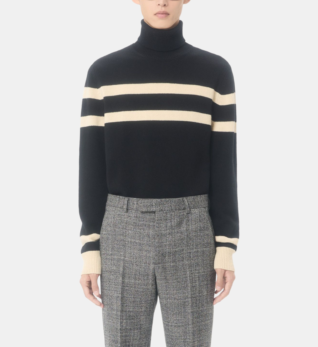 Chandail Col Roulé Saint Laurent - Laine Noire Rayée - Neuf Avec étiquettes