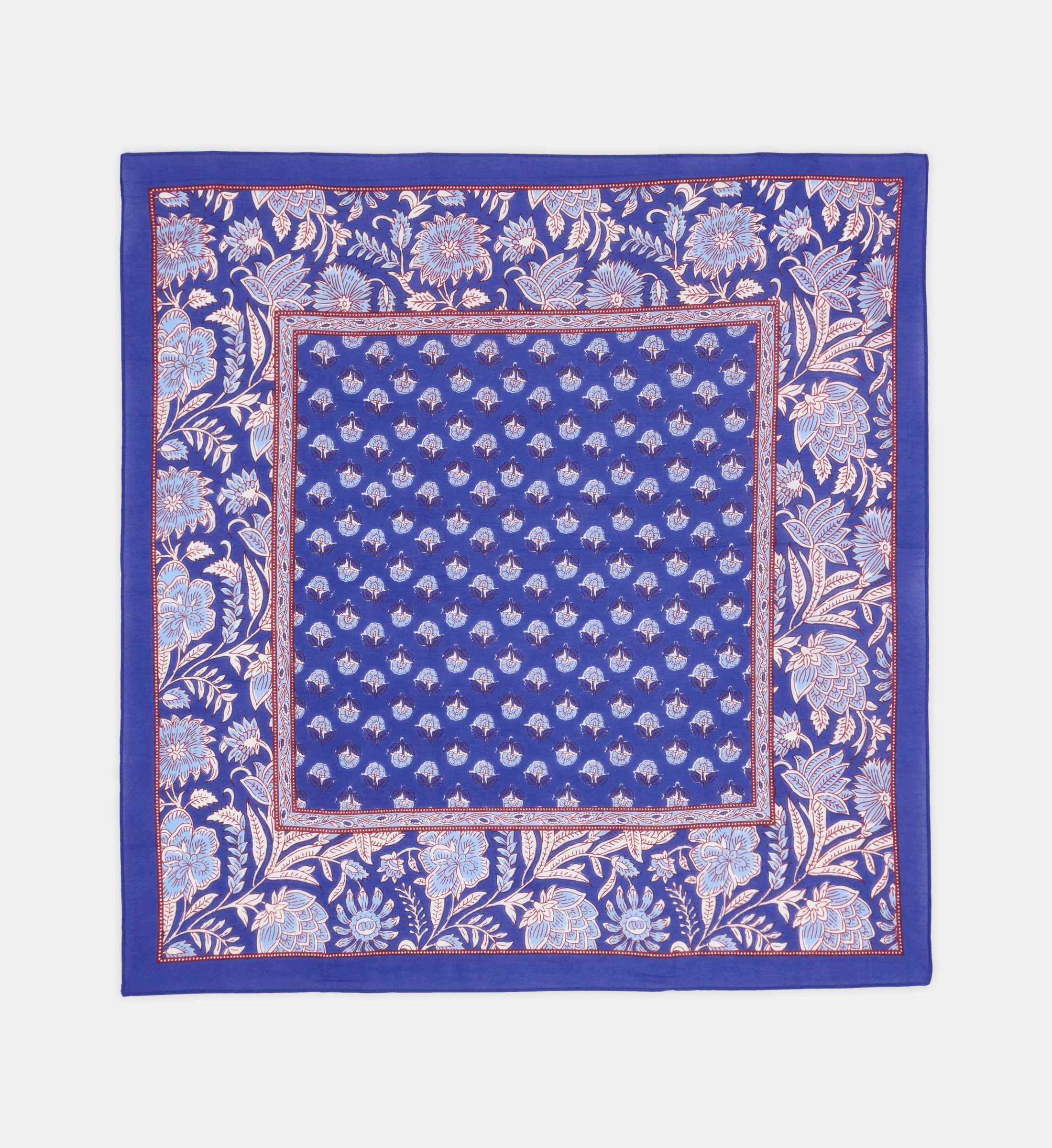 Foulard Carré Bleu Floral En Mousseline - 102x102 Cm, Polyester, Occasion Excellent état
