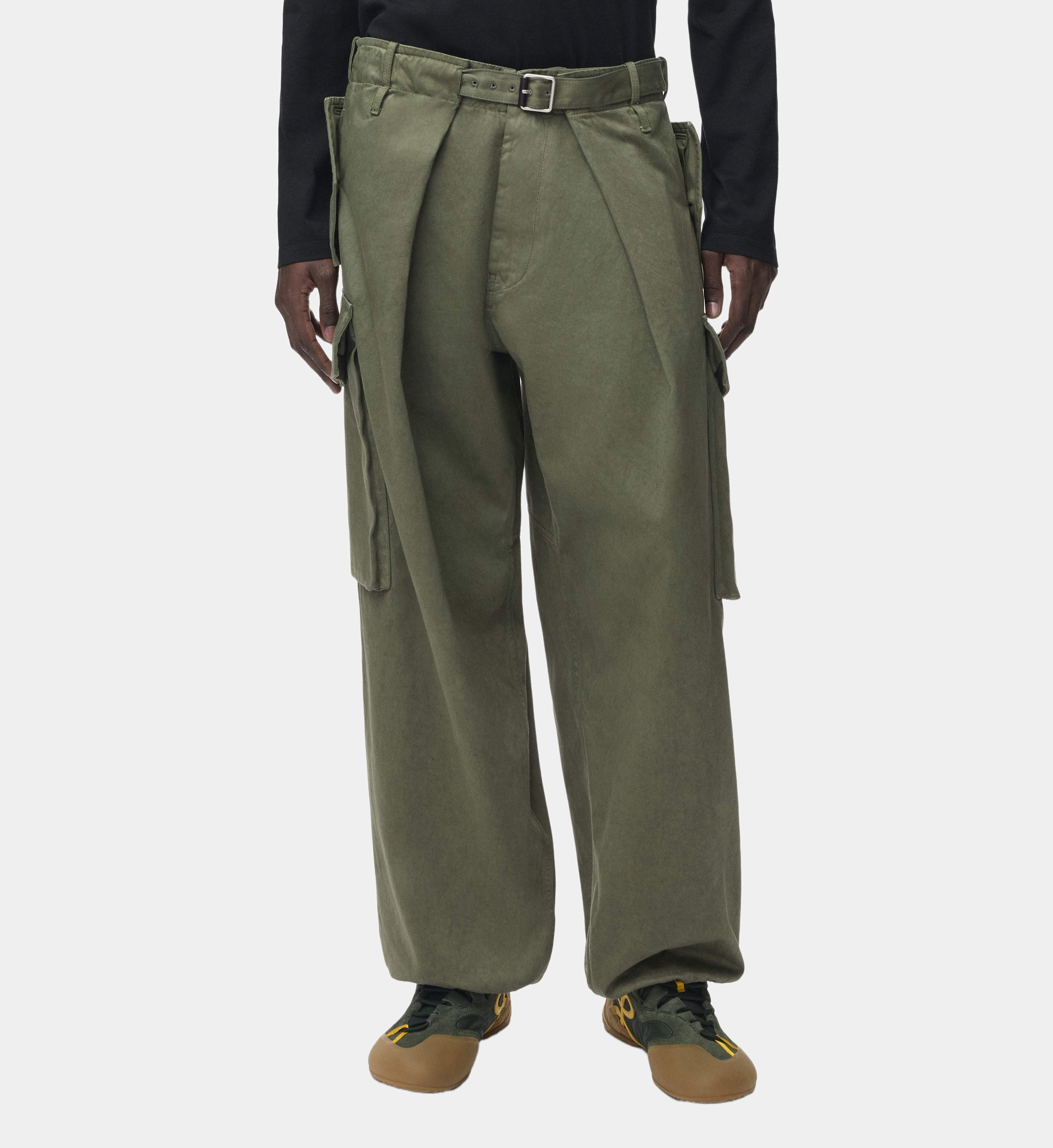 Pantalon cargo droit en coton et cuir Kaki - Loewe | Galeries Lafayette
