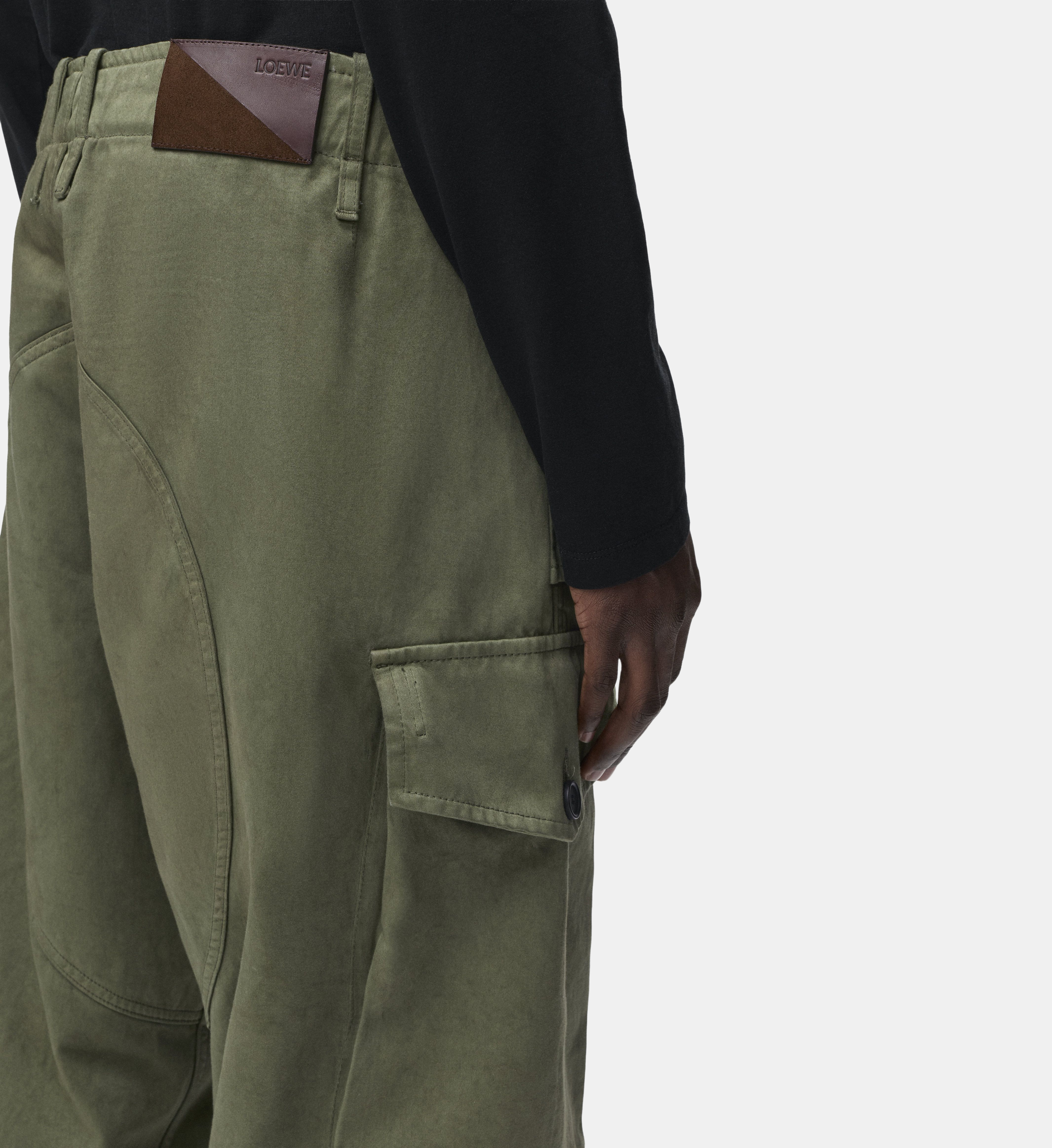 Pantalon cargo droit en coton et cuir Kaki - Loewe | Galeries Lafayette