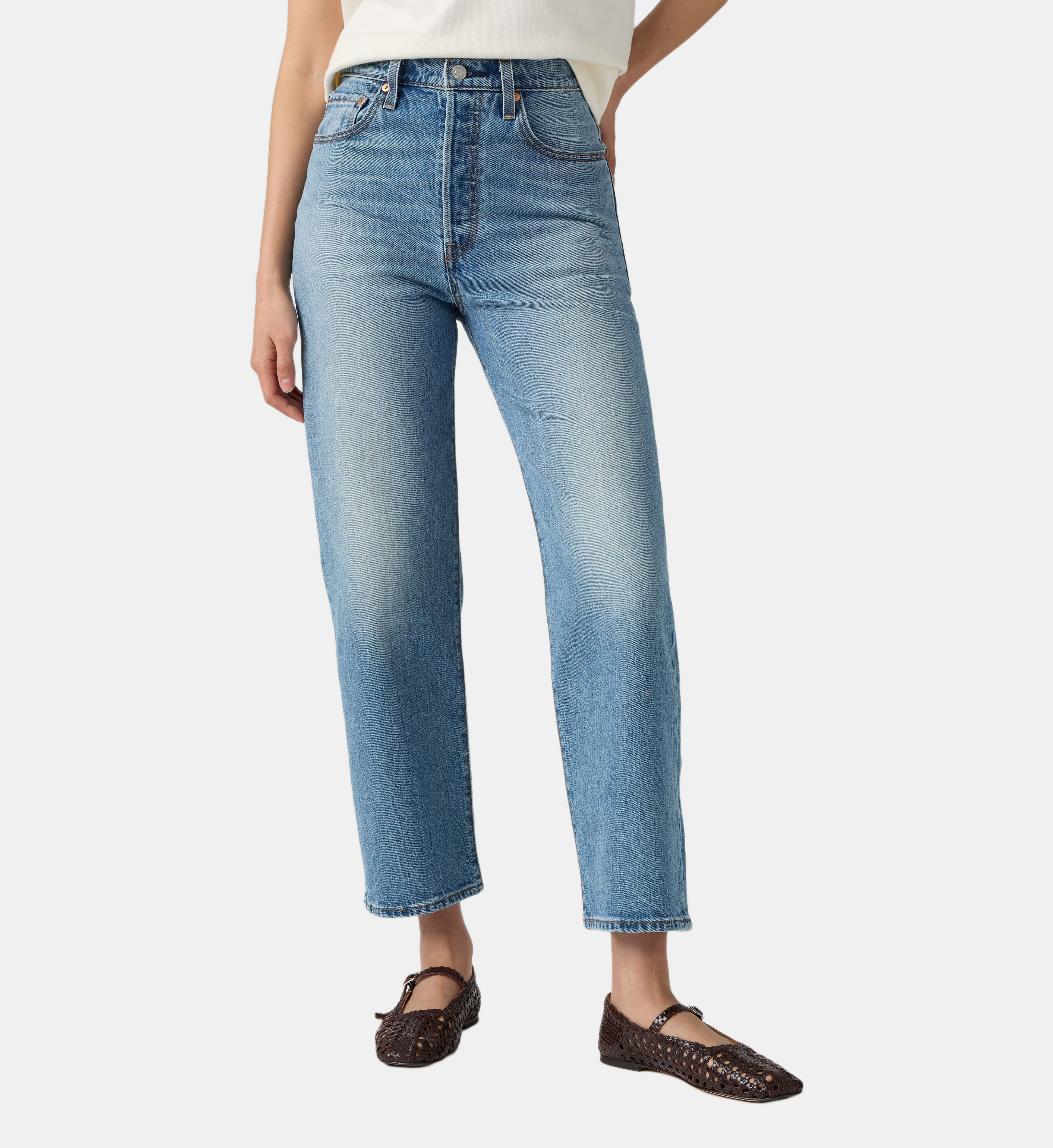 Jean droit court stretch taille haute