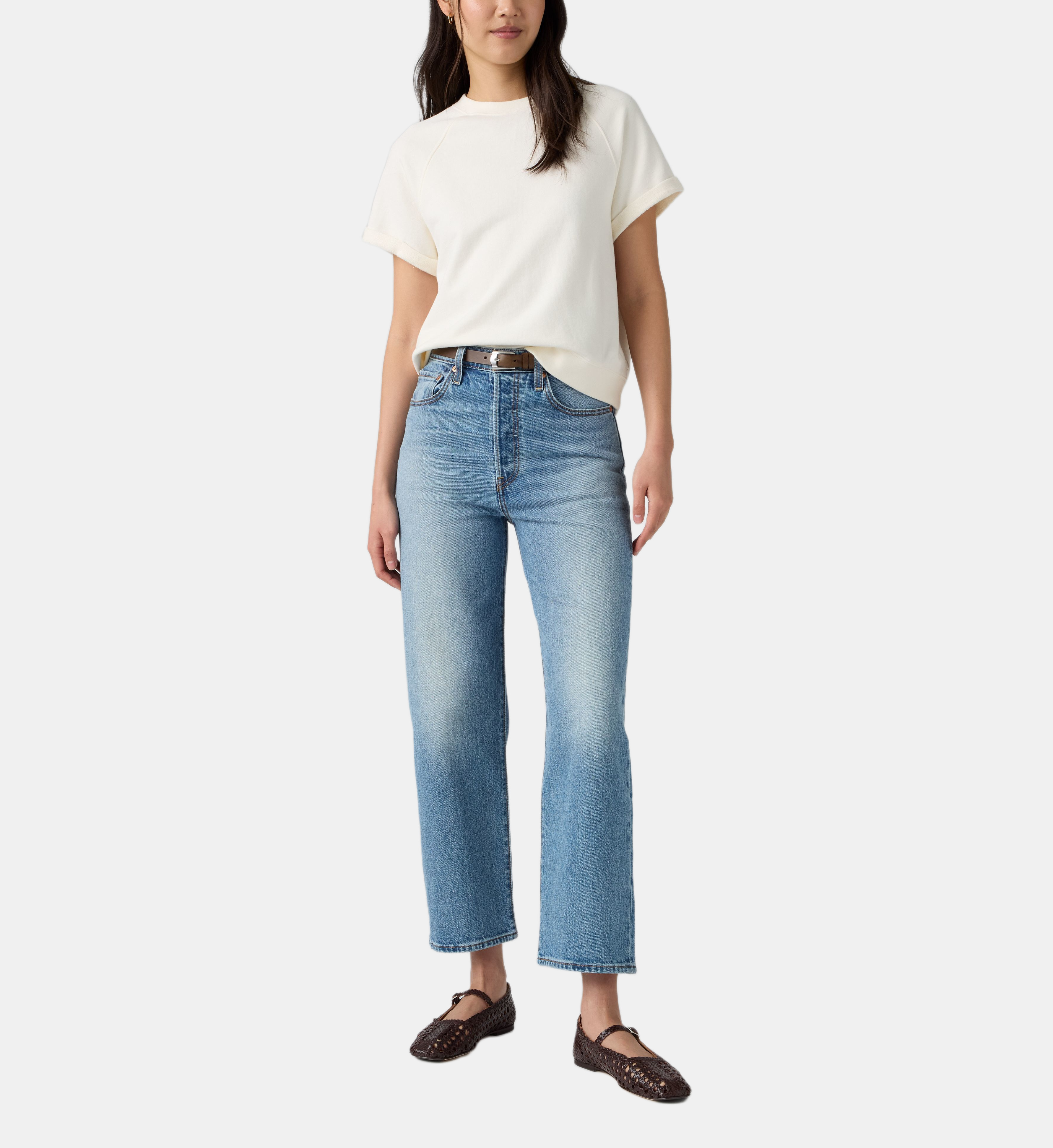 Jean droit court stretch taille haute