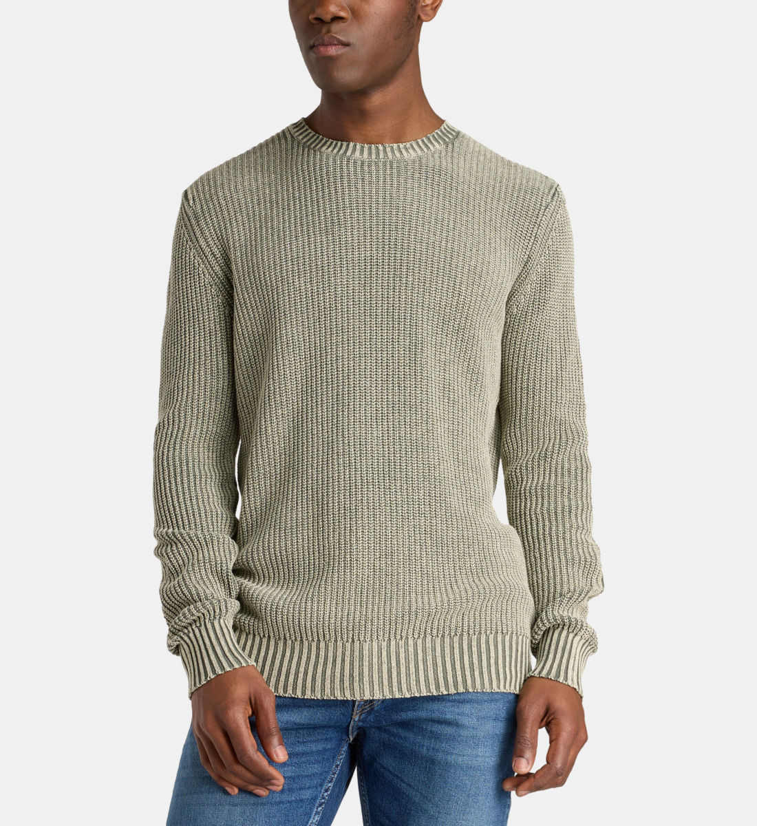 Pull laine Mérinos de luxe pour homme - col rond bleu et gris